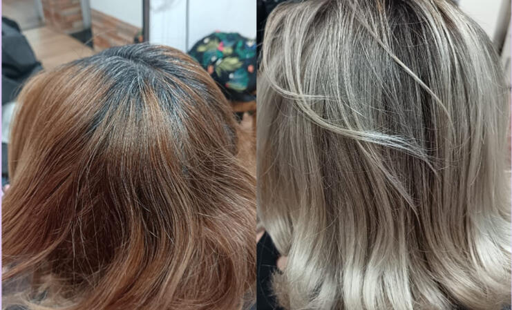 Técnica de Balayage y Colorimetría para corrección de tonos naranjas, dejando un Platinado con contraste castaño oscuro, sano y con brillo.